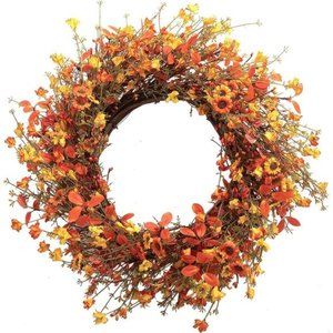 22" Autumn Wreaths Orange Thicker Fall Wreath with Daisies Berry and Fall Leaf